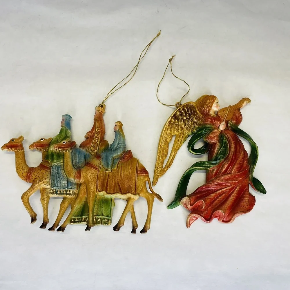 Vintage Christmas Hard Plastic Ornaments 3 Wise Men On Camels Nativity & Angle‎